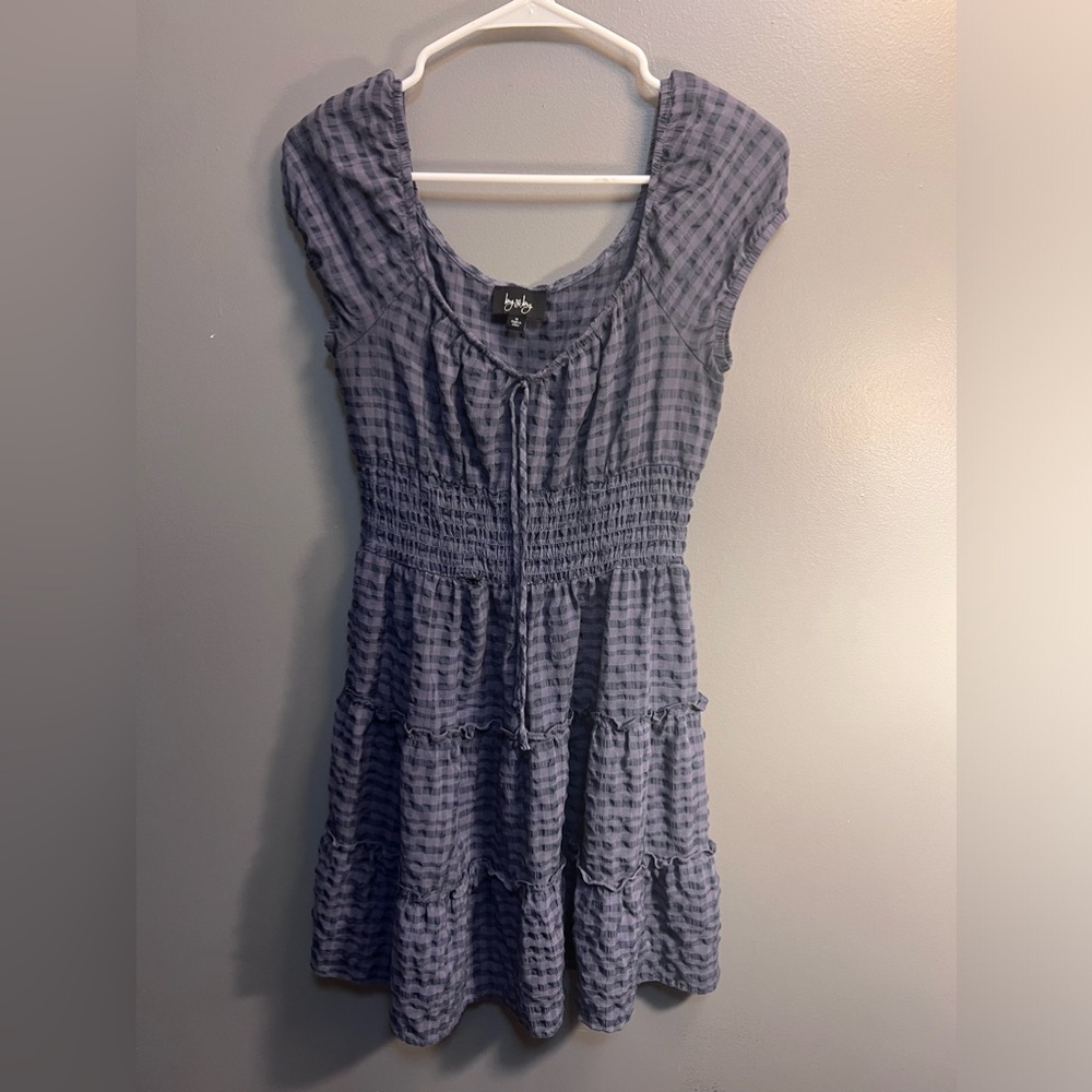 Navy blue nap dress, stops mid thigh .